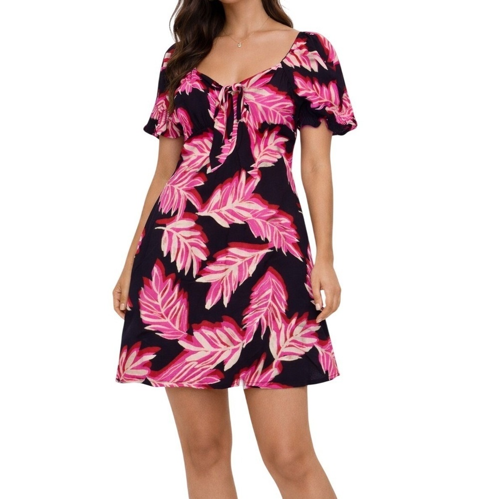 Who What Wear Womens Pink Black Tropical Palm Tie Front Puff Sleeve Mini Dress M